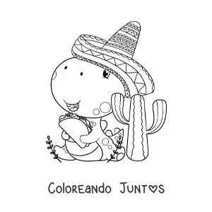 Imagen para colorear de dinosaurio animado con sombrero mexicano y un taco