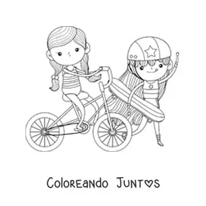 Imagen para colorear de una niña en bicicleta y una niña con una skate