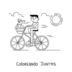 Imagen para colorear de un niño en una bicicleta con un perro en la canasta