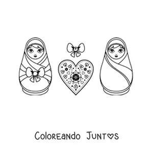 Imagen para colorear de muñecas rusas animadas con un corazón