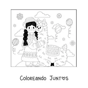 Imagen para colorear de niña peruana con traje tradicional y una alpaca