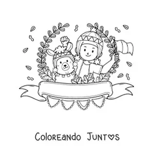 Imagen para colorear de niño peruano con vestimenta tradicional y una alpaca animada
