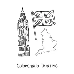 Imagen para colorear de big ben con la bandera del reino unido y el mapa de inglaterra