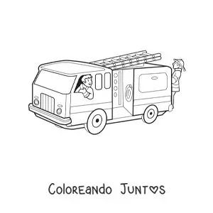 Imagen para colorear de dos bomberos animados en un camión de bomberos