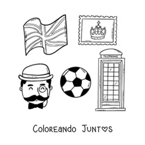 Imagen para colorear de elementos de la cultura inglesa y bandera del reino unido