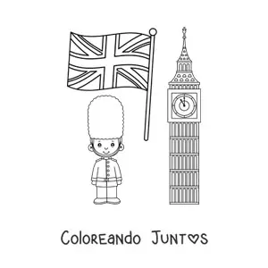 Imagen para colorear de niño guardia real con la bandera del reino unido y el big ben