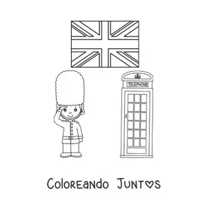 Imagen para colorear de guardia real animado con la bandera del reino unido y una cabina telefónica