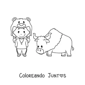 Imagen para colorear de indígena americano animado kawaii con un buey