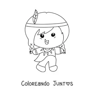 Imagen para colorear de niña de tribu nativa americana animada kawaii