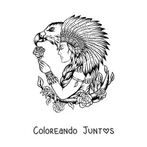 Imagen para colorear de indígena de tribu nativa americana con penacho de plumas y un águila