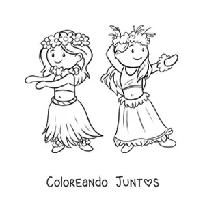 Imagen para colorear de niñas hawaianas bailando el hula