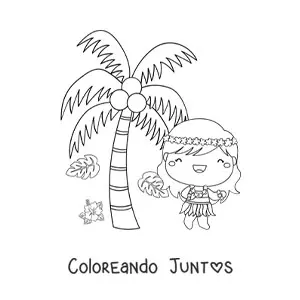 Bailarina de hula animada kawaii junto a una palmera