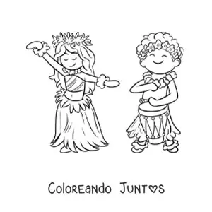 Imagen para colorear de niño hawaiano con tambor y bailarina de hula