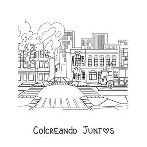 Imagen para colorear de un camión de bomberos junto a un edificio en llamas