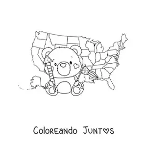 Imagen para colorear de oso animado kawaii con la bandera y el mapa de estados unidos