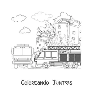 Imagen para colorear de un camión de bomberos en un gran incendio