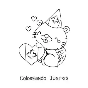 Imagen para colorear de castor canadiense animado kawaii con la bandera de canadá