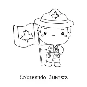 Imagen para colorear de niño policía de canadá kawaii con la bandera
