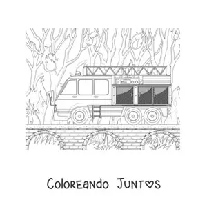 Imagen para colorear de un camión de bomberos en un incendio forestal