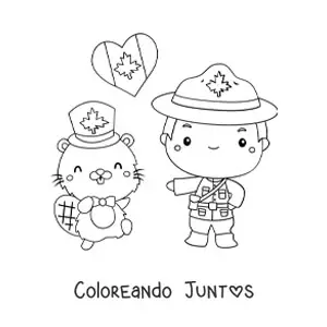 Imagen para colorear de policía de canadá animado con la bandera y un castor