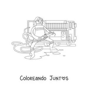 Imagen para colorear de un bombero animado sujetando una manguera