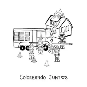 Imagen para colorear de varios bomberos animados apagando un incendio